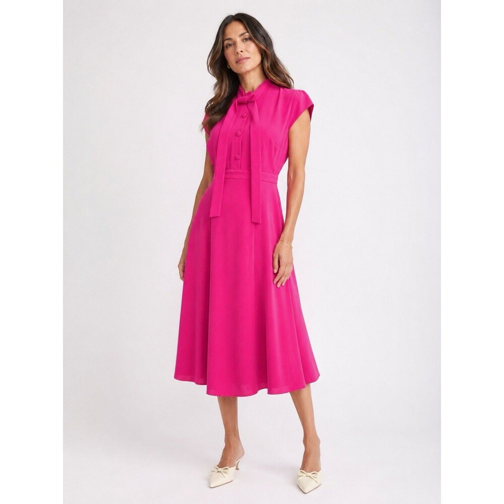 Alexia Admor Hot Pink Tie Neck Midi Dress NWT Size 6 Retro Chic Career Party